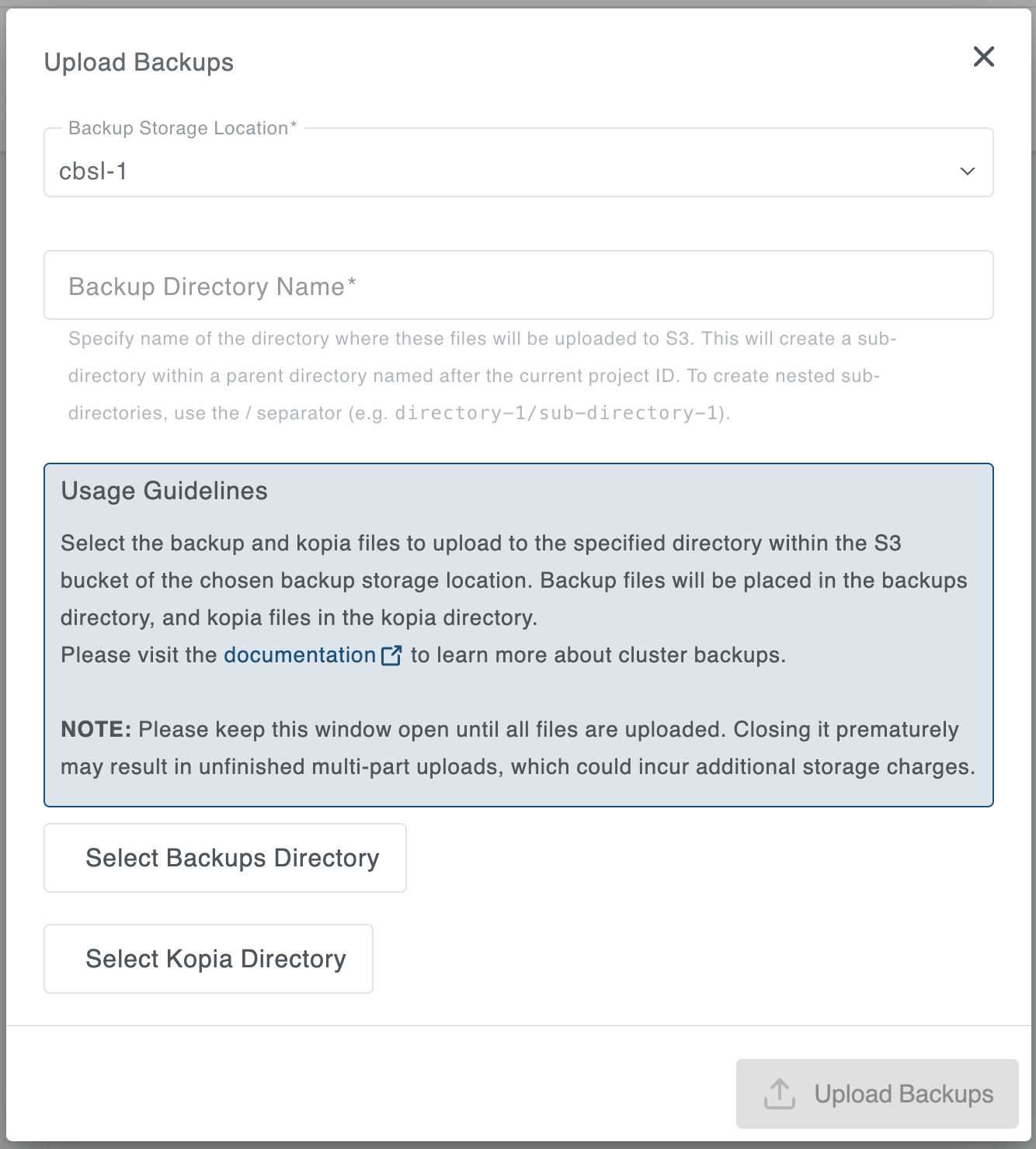 Upload Backups Dialog
